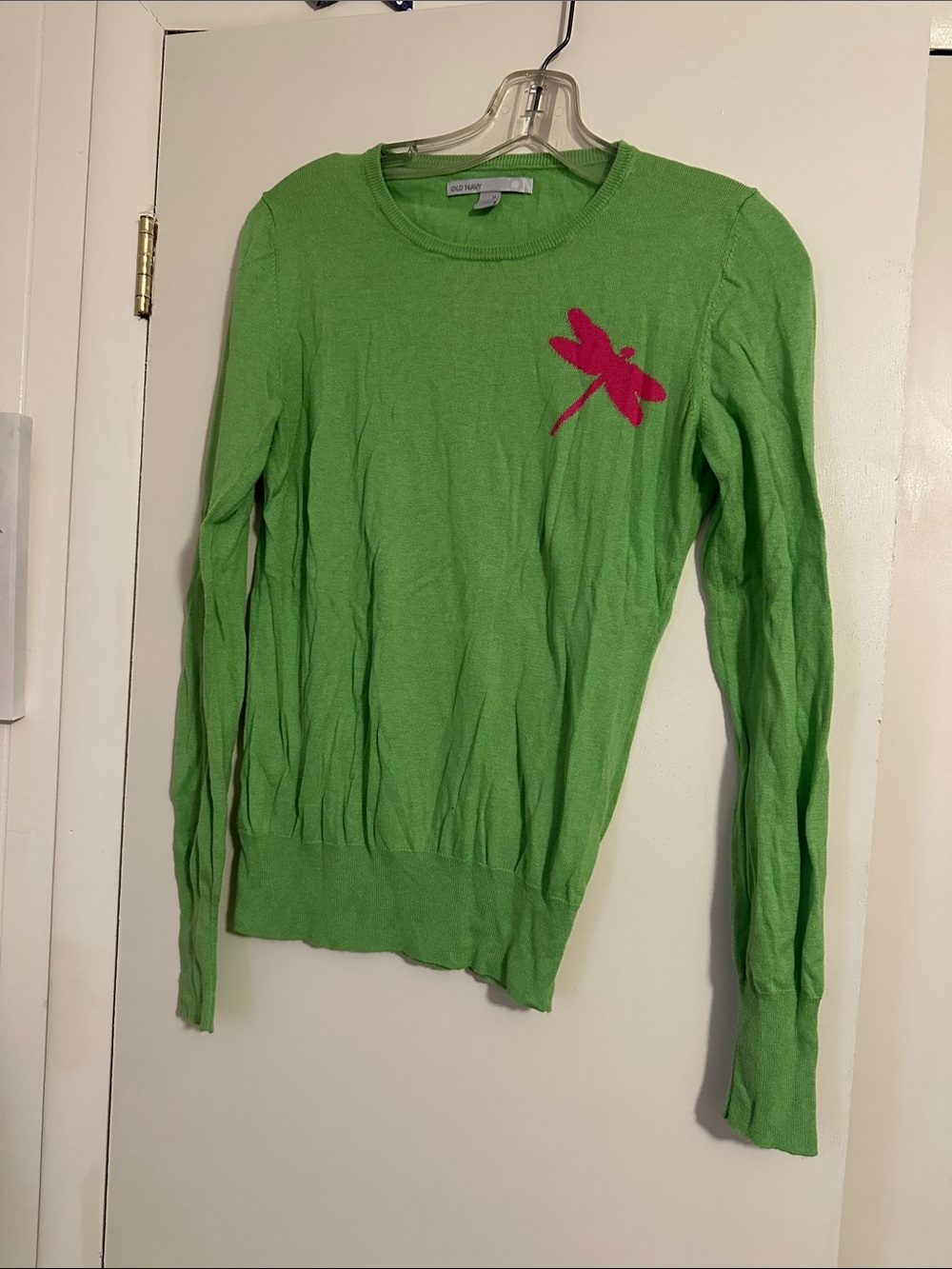 Old Navy Bright Green Crewneck Sweater with Pink Dragonfly
